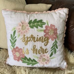 Spring is here embroidered velvet linen blnd decorative pillow accent pink white